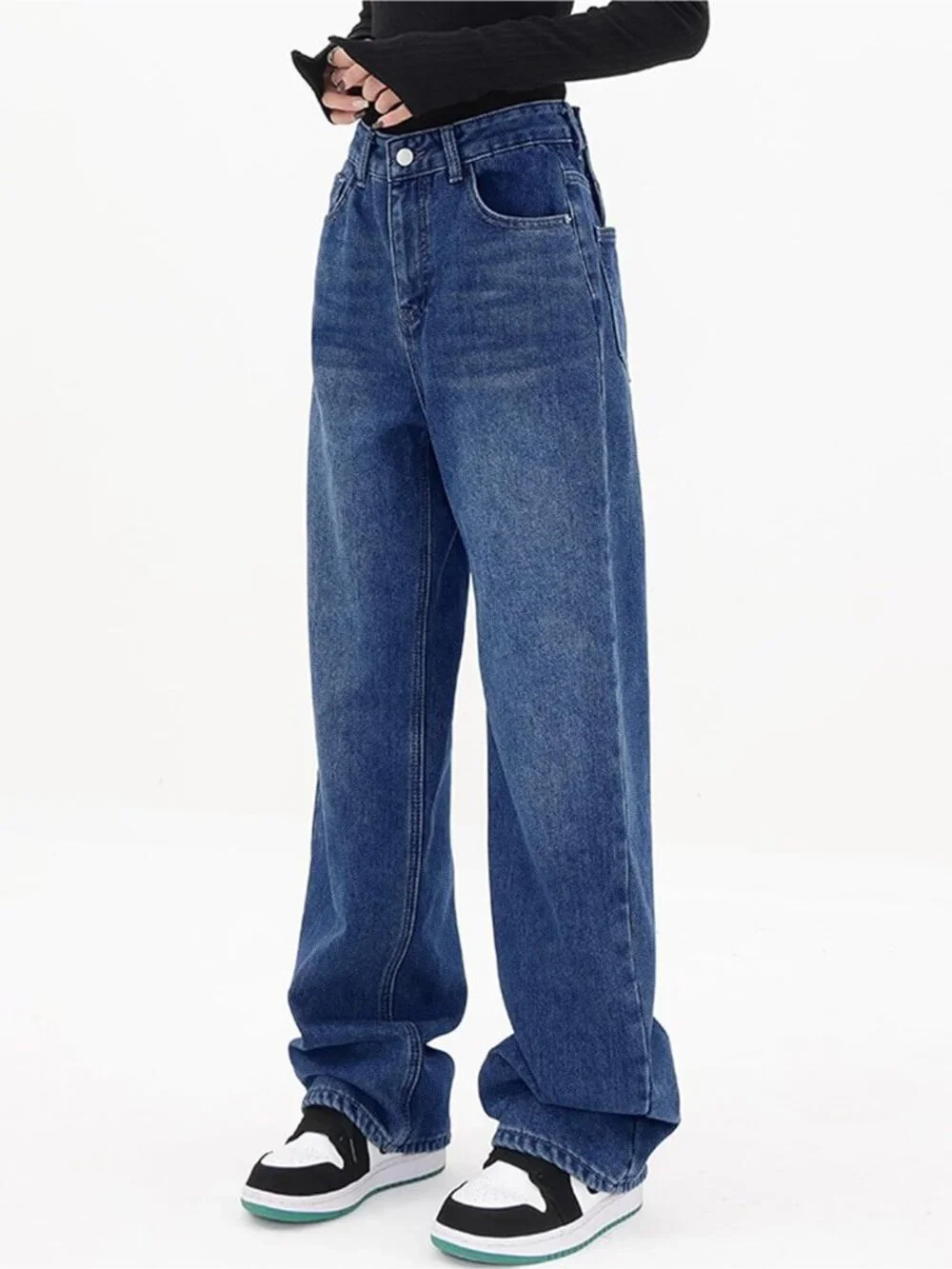 Women's Classic Blue Denim Y2k Straight Leg Button Zip High Waisted Baggy Jeans